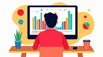 Poster - A person analyzes colorful bar graphs and charts on a computer screen, surrounded by a plant and coffee cup.