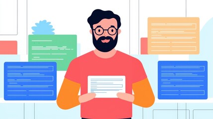 Poster - A man holds a document while surrounded by colorful notes, symbolizing organization, planning, or brainstorming in a creative workspace.