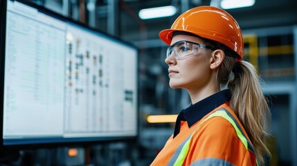 Poster - A focused female engineer in safety gear analyzes data on a screen in an industrial setting, showcasing dedication and expertise in her field.