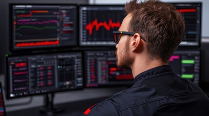 Poster - A focused individual monitors multiple screens displaying financial data and market trends, emphasizing a tech-savvy environment.