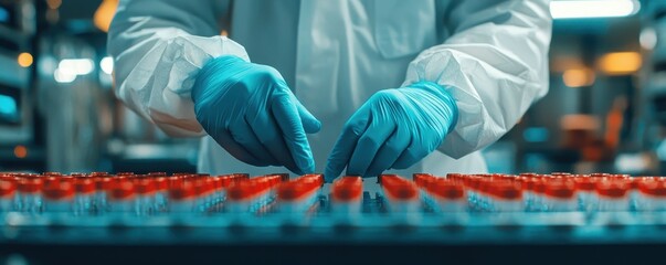 Poster - A technician in a lab coat and gloves carefully handles red vials in a sterile environment, showcasing precision in a scientific setting.
