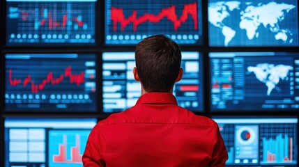 Poster - A person in a red shirt analyzes multiple screens displaying financial data and graphs, indicating market trends and analytics.
