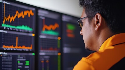 Poster - A focused individual analyzes financial charts and data on multiple screens, showcasing the intensity of trading or data analysis.
