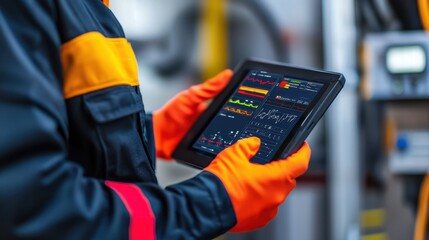 Poster - A worker in protective gear checks data on a tablet, showcasing technology in a safety-focused industrial environment.