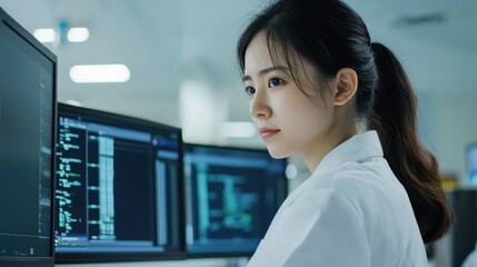 Poster - A focused female scientist analyzes data on multiple computer screens in a modern laboratory environment.