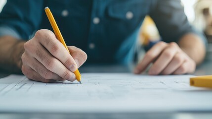 Poster - A close-up of a person writing on paper with a yellow pencil, showcasing focus and creativity in a casual workspace.