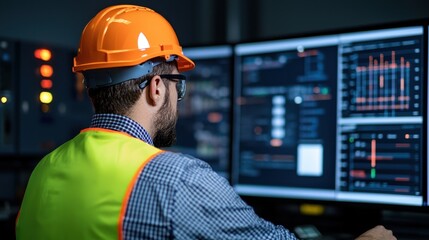 Poster - A worker in a hard hat monitors data on multiple screens, showcasing a high-tech environment focused on safety and engineering.