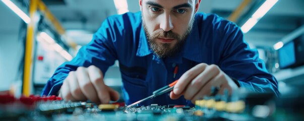 Poster - A technician carefully works on a circuit board, using tools to adjust components in a well-lit workspace.
