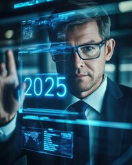 Aufkleber - Futuristic Businessman Interacting with Holographic Interface Displaying 2025 Data and Projections