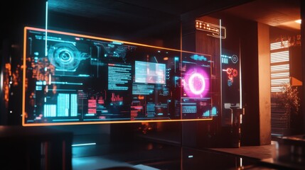 Poster - Futuristic Data Interface with Neon Bright Graphs and Visuals