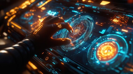Poster - Futuristic Interface Interaction with Glowing Control Elements