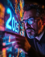 Poster - A Man Exploring Futuristic Data Visualizations for 2025: Technological Advancement and Innovation in the Digital Age