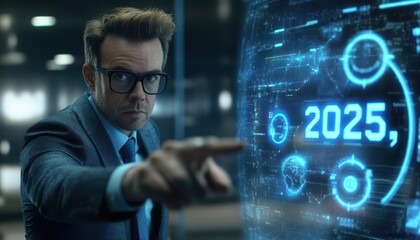 Poster - Businessman Interacting with Futuristic 2025 Interface Technology Digital Transformation