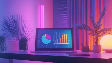 Poster - Modern Office Workspace with Futuristic Lighting and Data Visuals