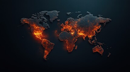 Aufkleber - Global Map with Fiery Glow Illustrating Climate Change Effects and Environmental Concerns, Highlighting Regions Affected by Global Warming and Natural Disasters