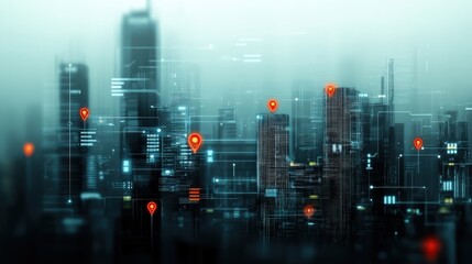 Poster - Futuristic City Landscape with Digital Connectivity and Location Markers for Technology and Urban Development Concepts in Smart Infrastructure and Innovation