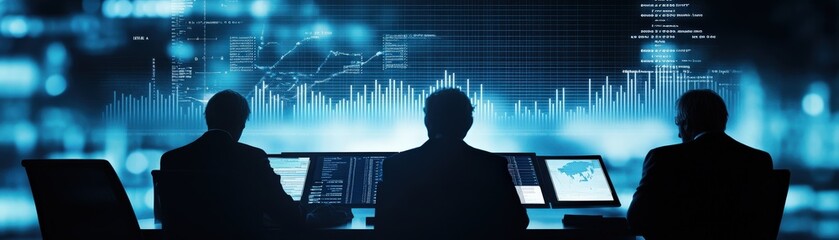 Aufkleber - Business professionals analyzing data on large screens in a modern office, showcasing technology and teamwork in a corporate environment focused on growth and success