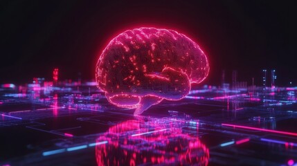 Poster - Futuristic Neon Brain with Digital Circuitry in Dark Environment