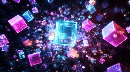 Poster - Vibrant Abstract 3D Cubes in Motion with Colorful Light Effects