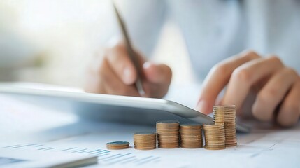 Poster - Close-Up View of Hands Writing Notes with Tablet and Stacked Coins on Business Documents During Financial Planning and Analysis in a Professional Setting