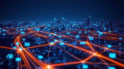 Aufkleber - Dynamic Cityscape with Futuristic Network Connections at Night