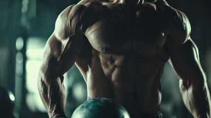 Close-up - Young muscular man working out in gym. Athletic male adult exercising with kettle bell. Fitness, sports concept.