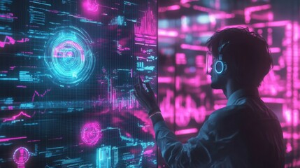 Poster - Futuristic data analyst interacting with glowing digital interfaces