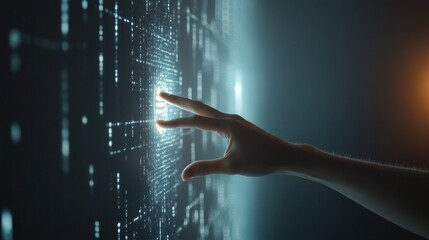 Poster - Futuristic Hand Touching Digital Screen with Glowing Particles