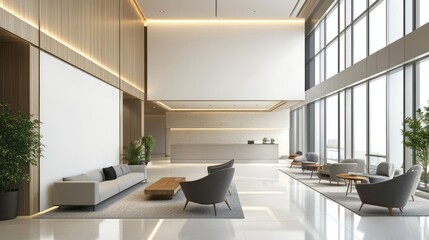 Wall Mural - Comfortable office lobby interior with blank white wall. Modern living room interior with sofa beautiful apartment, modern comfortable interior, Modern Office Lobby design,