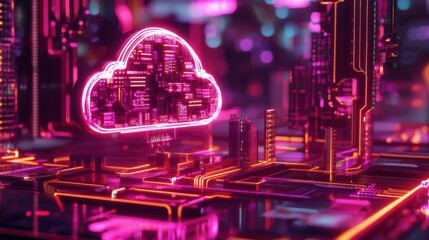 Poster - Futuristic Cloud Technology Concept with Neon Circuit Background