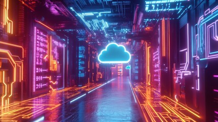 Poster - Futuristic Neon Corridor with Cloud Symbol in Digital Space