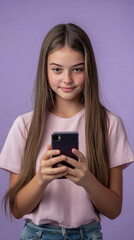 Wall Mural - Professional photograph of teenage girl holding smartphone vertically with both hands, gaming pose, front view, solid light purple background.