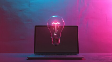 Poster - Floating light bulb on laptop showing technology innovation and startup concept. Business idea and innovation concept