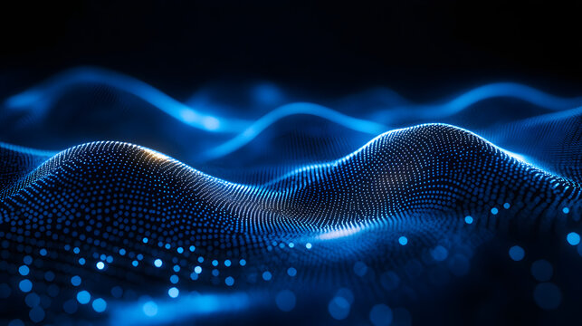 Waves of blue light create a mesmerizing digital landscape of glowing particles in a dark space