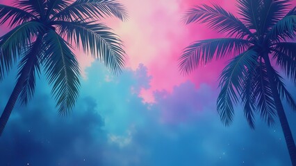 Fototapete - A tropical scene with a blue sky and purple and pink clouds