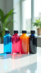 Poster - A row of colorful bottles with different colored liquids inside
