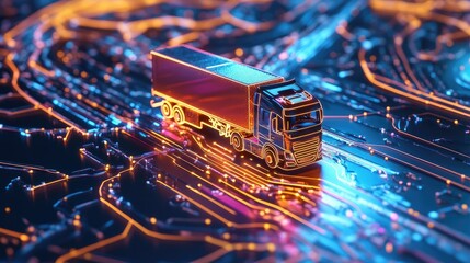 Poster - A digital map with neon route lines and a miniature toy truck in motion, representing advanced logistics and transportation technology
