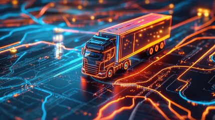 Poster - A digital map with neon route lines and a miniature toy truck in motion, representing advanced logistics and transportation technology