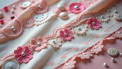 Poster - A close up of buttons and lace with a pink background