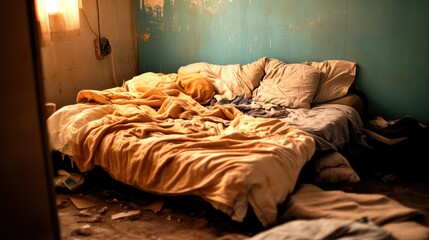Poster - A dilapidated room with an old, broken bed and worn-out bedding, showing the harsh reality of homelessness.