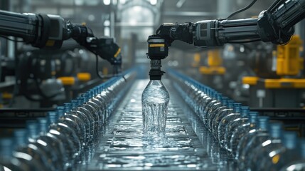 Poster - A factory production line with water being poured into plastic bottles, robotic arms and machinery ensuring efficient bottling of water.