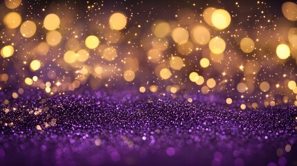 Wall Mural - Abstract glowing background with a blend of purple and gold, twinkling glitter, blurred circles, and shimmering glimmers creating a festive atmosphere