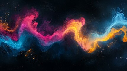 Wall Mural - Abstract glowing color wave in blue, pink, and yellow with a grainy texture, blending seamlessly into a black dark backdrop for a dynamic, modern look