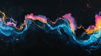 Wall Mural - Abstract glowing color wave in blue, pink, and yellow with a grainy texture, blending seamlessly into a black dark backdrop for a dynamic, modern look