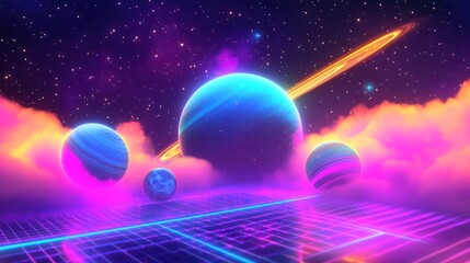 Canvas Print - Synthwave Planetscape: A Retrofuturistic Cosmic Vista