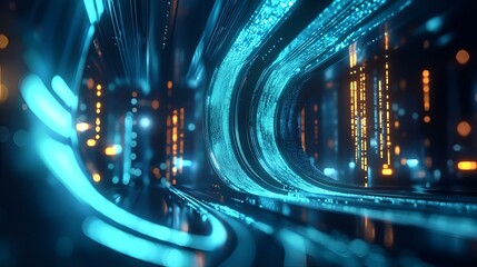 Wall Mural - Abstract tech-inspired design featuring holographic blue wavy lines, symbolizing digital data, perfect for a modern street banner with futuristic appeal