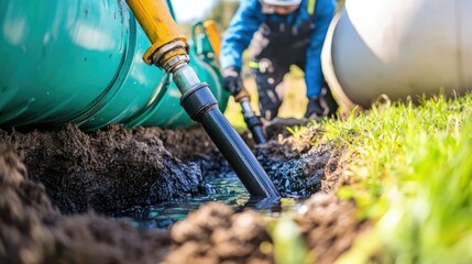 Poster - A professional sewage cleaning service working on an outdoor septic tank, with workers clearing pipes and tanks.