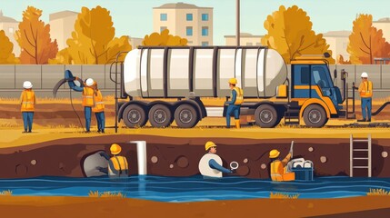 Poster - A professional sewage cleaning service working on an outdoor septic tank, with workers clearing pipes and tanks.