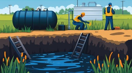 Poster - A professional sewage cleaning service working on an outdoor septic tank, with workers clearing pipes and tanks.