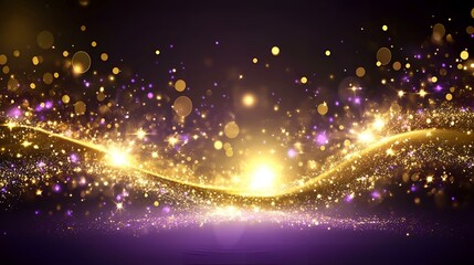 Wall Mural - Festive purple and golden backdrop with glittering sparks and a blur effect, featuring glowing circles and sparkling glimmers for a modern, elegant design